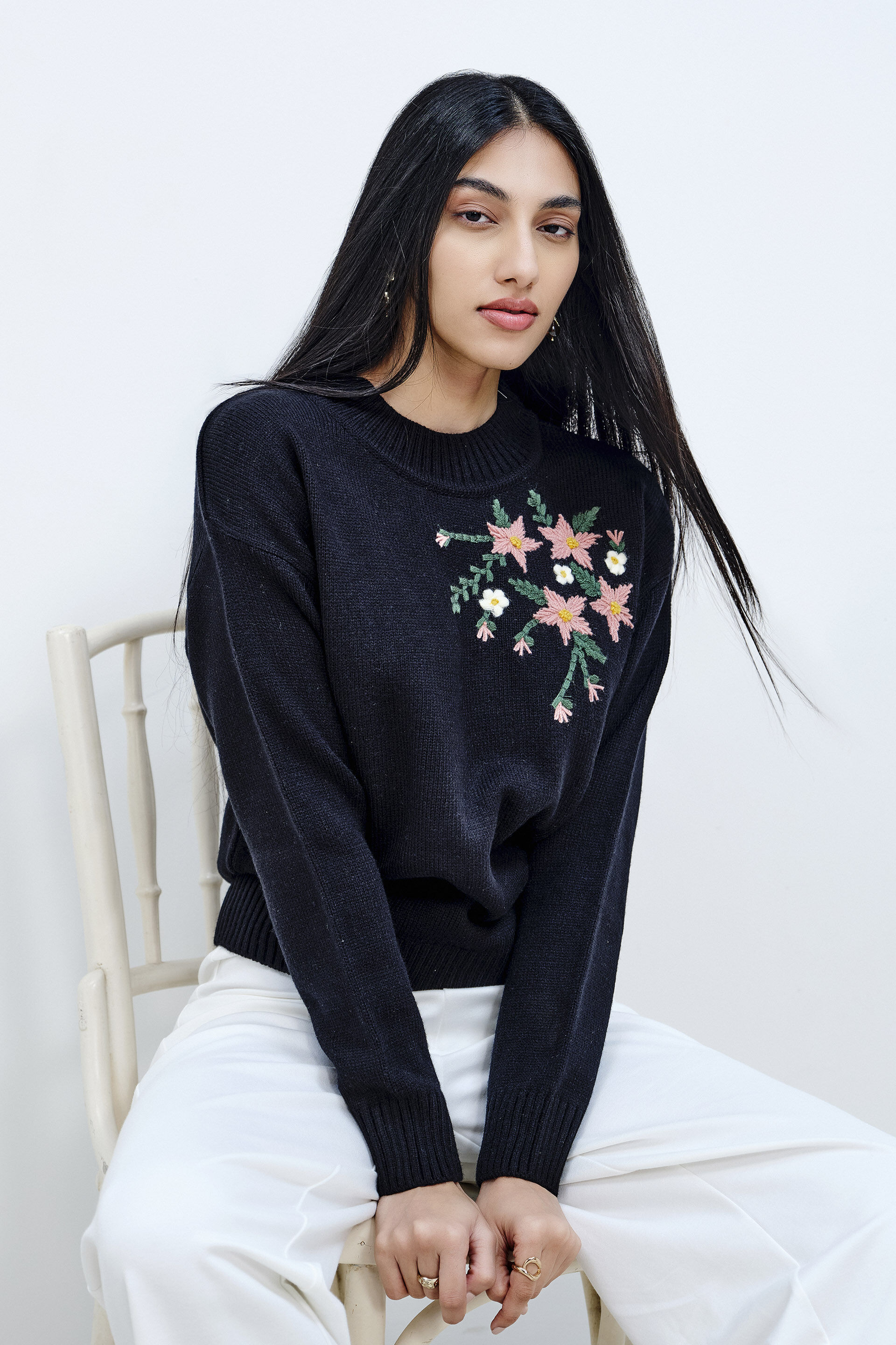 Floral Embroidery Black Sweater, Black, image 1